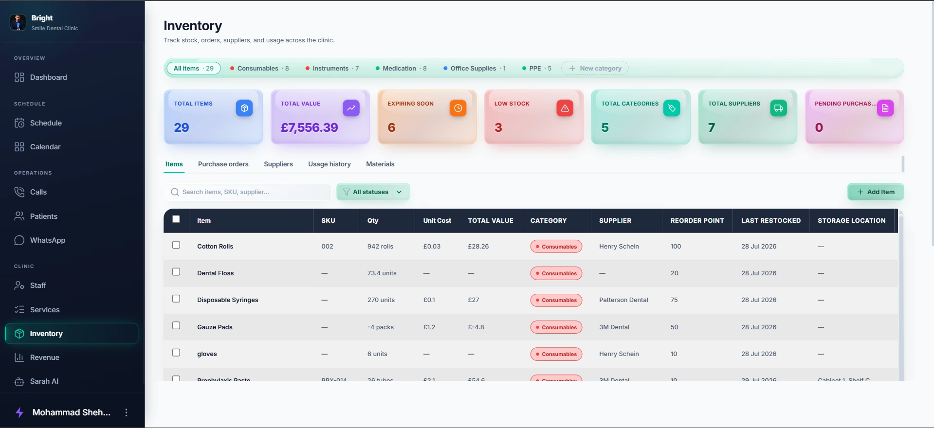 Inventory — supplied Denora product interface